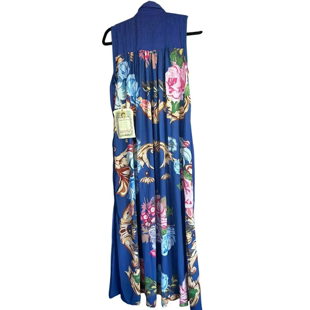 NWT Aratta Adonis Blue Embroidered Maxi Duster Shirt Dress S $228 Boho Festival - Picture 12 of 17